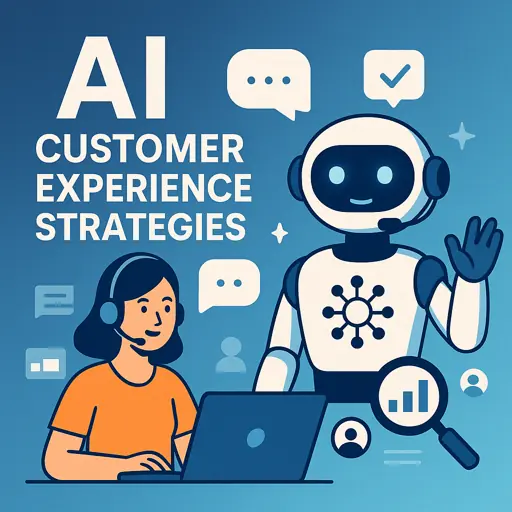 Futuristic digital interface illustrating AI-enhanced customer experience with chatbots, personalization, and analytics in a business setting